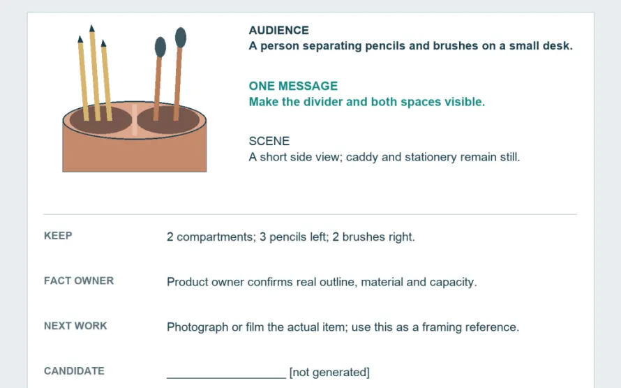 A filled one-page caddy shot brief gives the audience, divider message, stationary scene, exact item counts, product-owner checks, next production work and a blank candidate field.
