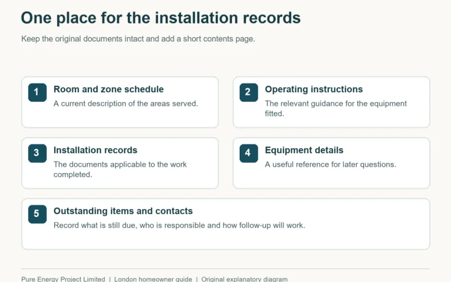 Five types of records to organise in a heating installation handover pack
