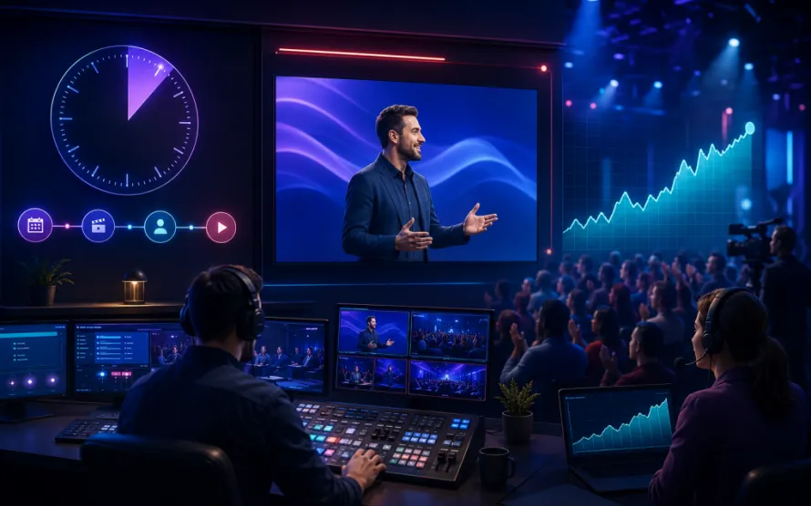 Broadcast studio preparing a scheduled video Premiere and live audience