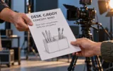 A staged editorial filmmaking scene shows one person handing a concrete two-compartment caddy concept brief to another maker.