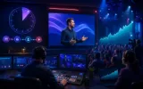 Broadcast studio preparing a scheduled video Premiere and live audience