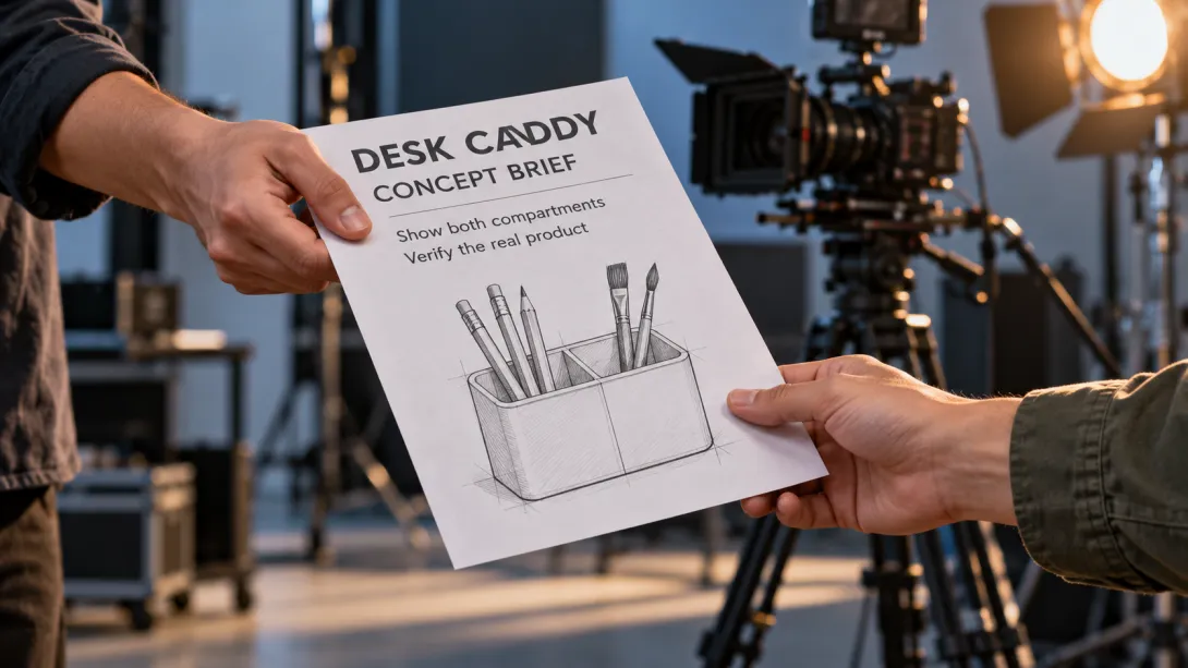 A staged editorial filmmaking scene shows one person handing a concrete two-compartment caddy concept brief to another maker.