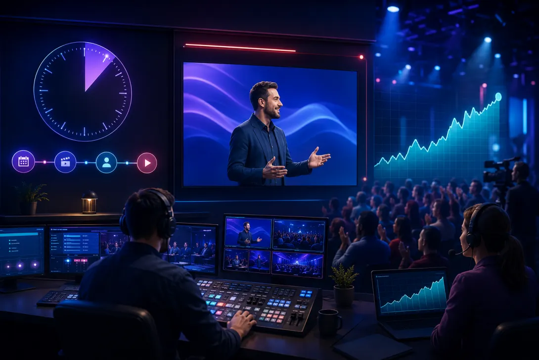 Broadcast studio preparing a scheduled video Premiere and live audience